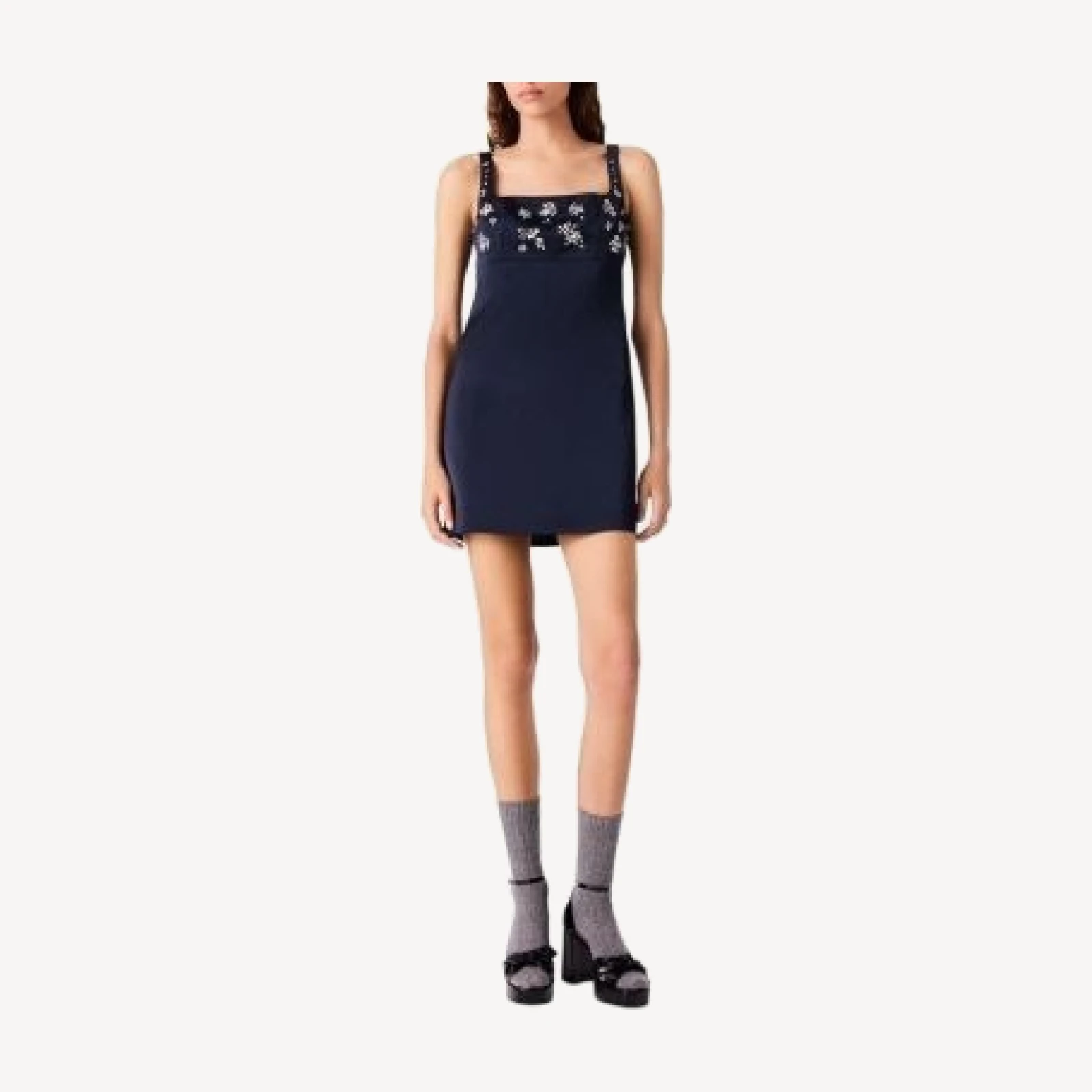 Maje Rhinestone Embroidered Square Neck Mini Dress