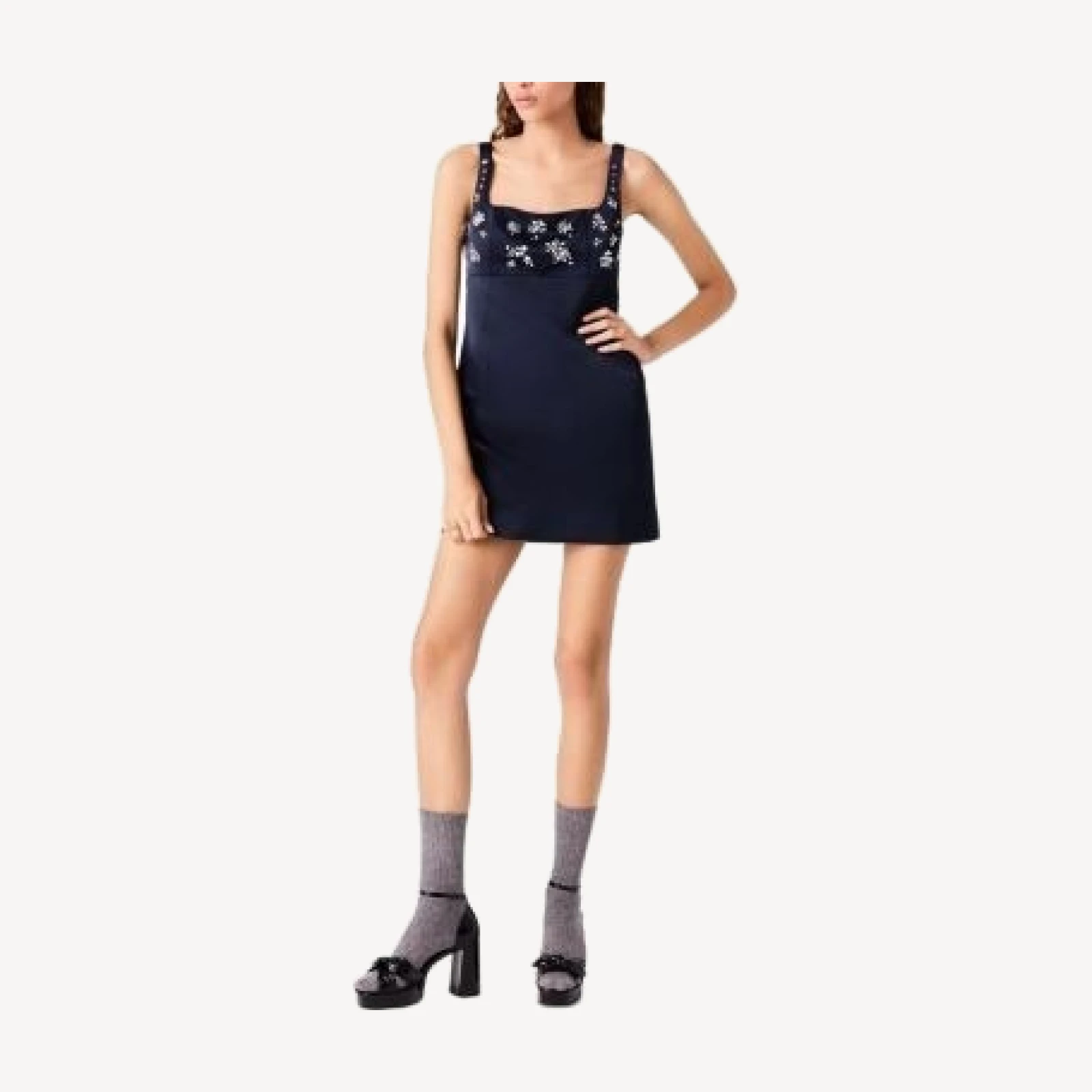 Maje Rhinestone Embroidered Square Neck Mini Dress