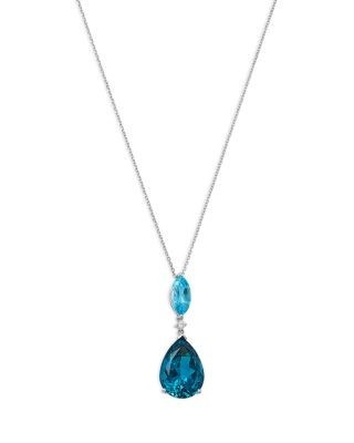 Bloomingdale's Fine Collection Diamond & Blue Topaz Double Drop Pendant Necklace in 14K White Gold, 0.05 tcw