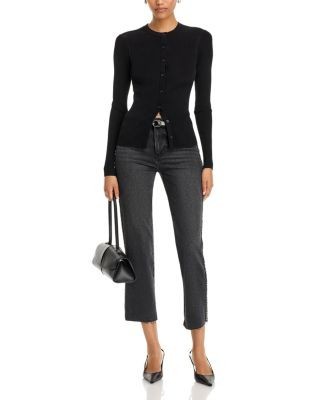 Paige Mason Embellished Mid Rise Ankle Straight Jeans in Black