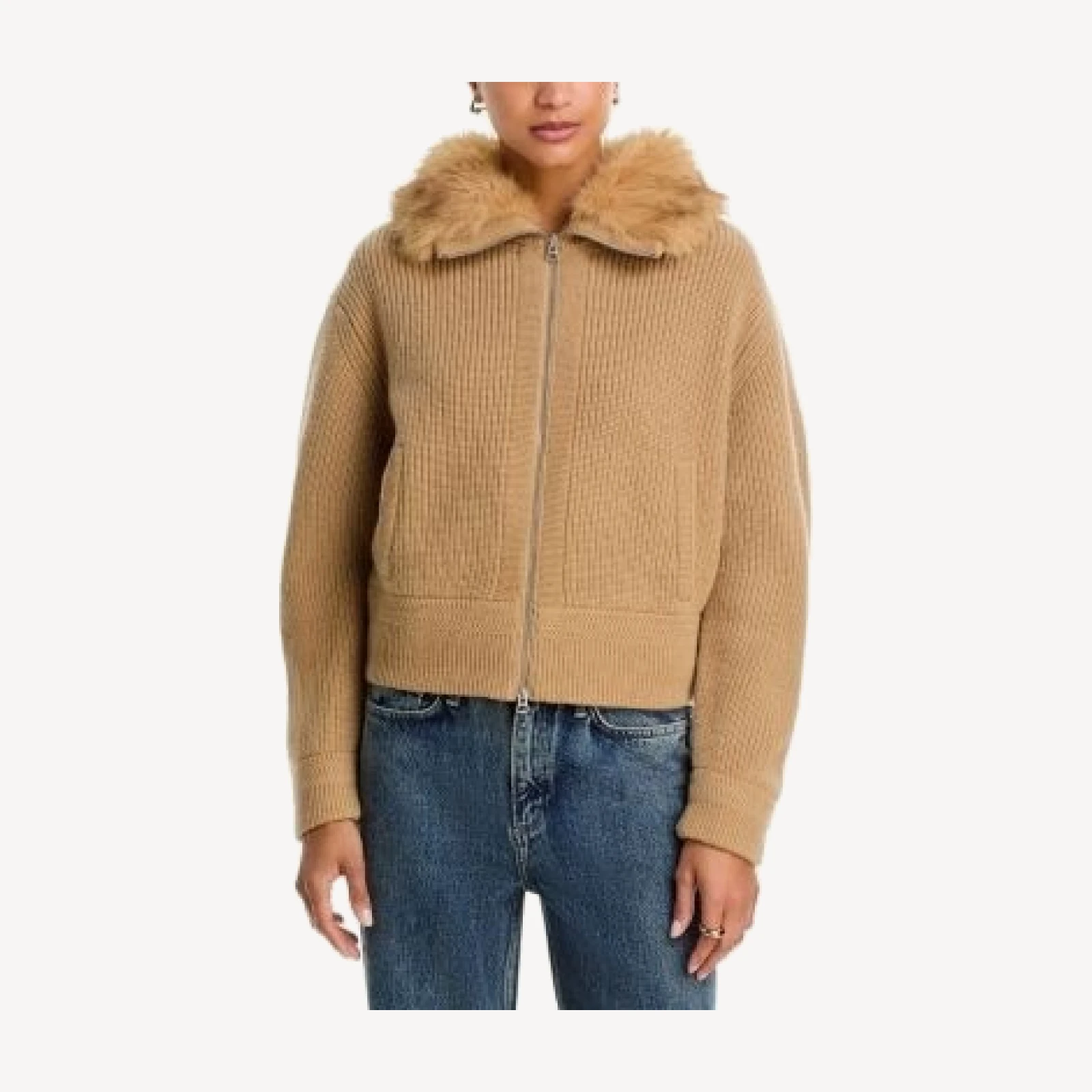 rag & bone Amelia Wool & Faux Fur Ribbed Zip Cardigan