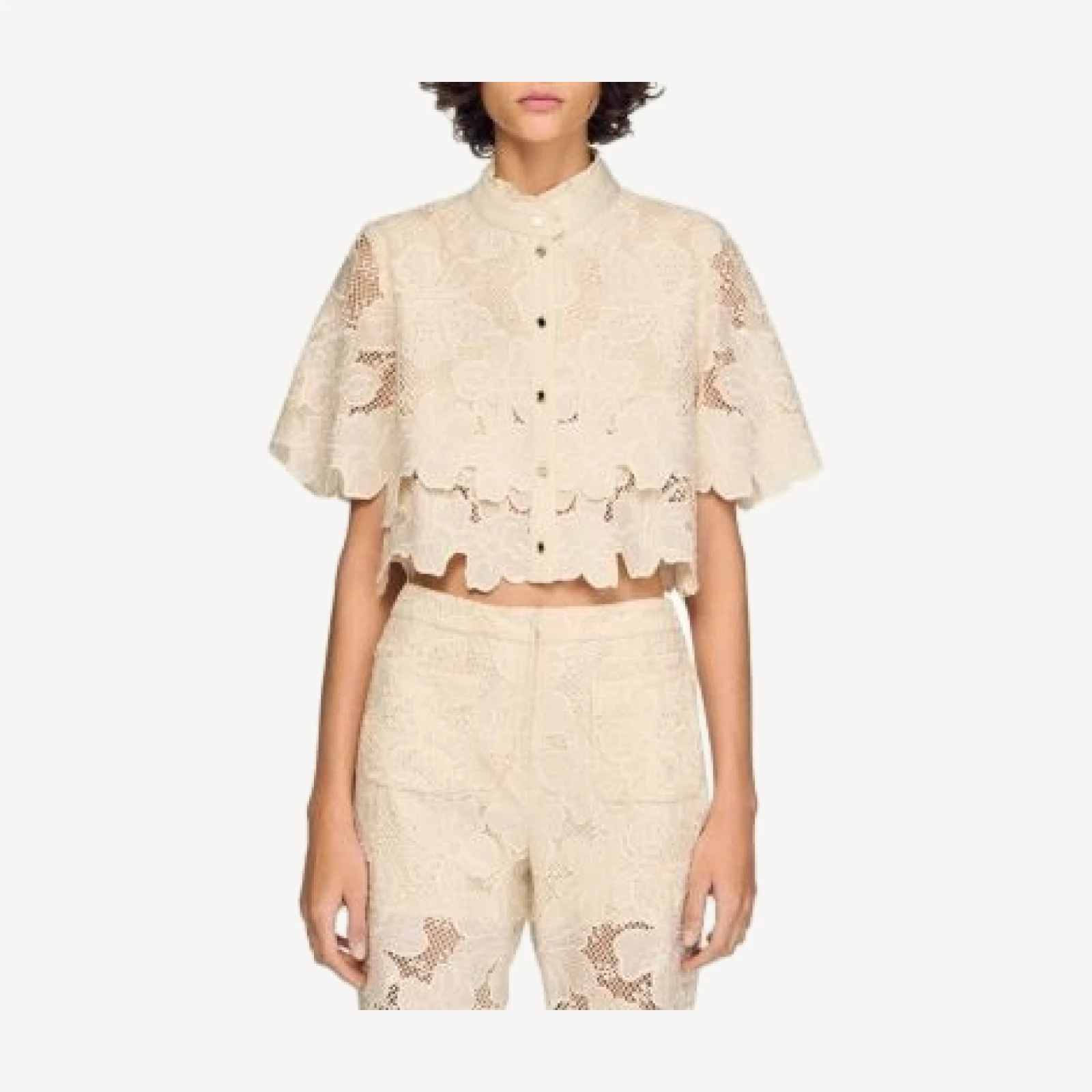Sandro Ame Cropped Floral Guipure Lace Shirt