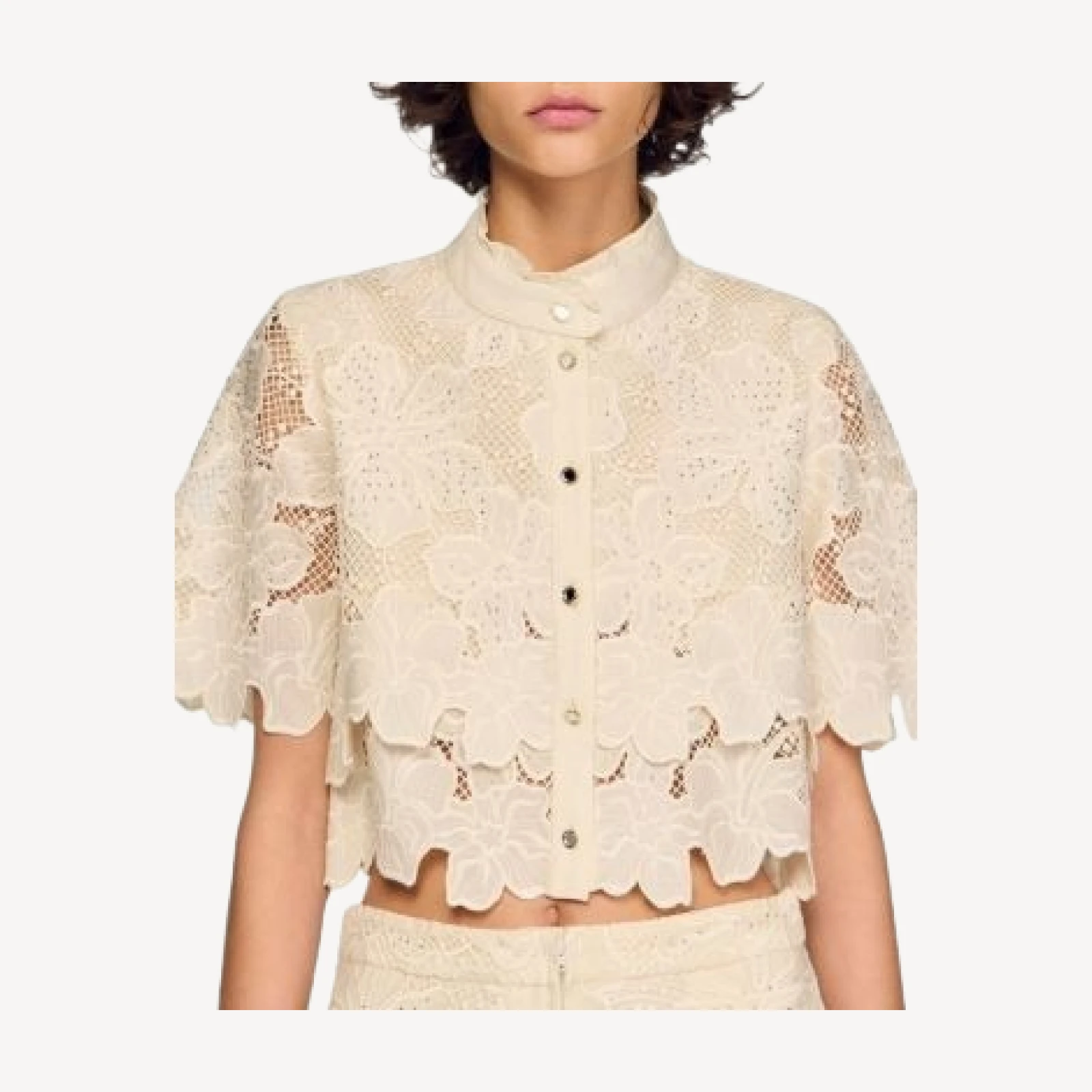 Sandro Ame Cropped Floral Guipure Lace Shirt