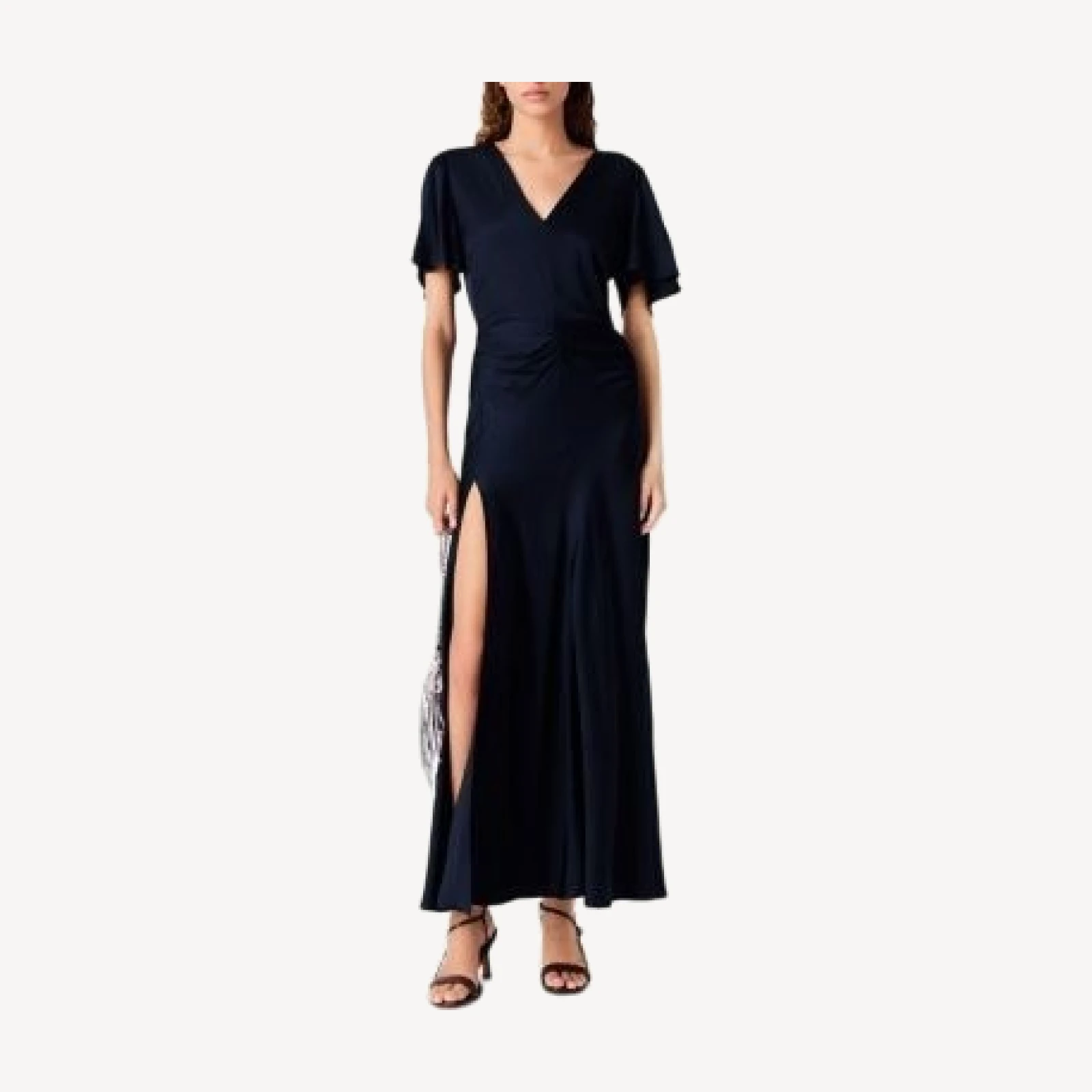 Maje Draped V Neck Satin Maxi Dress