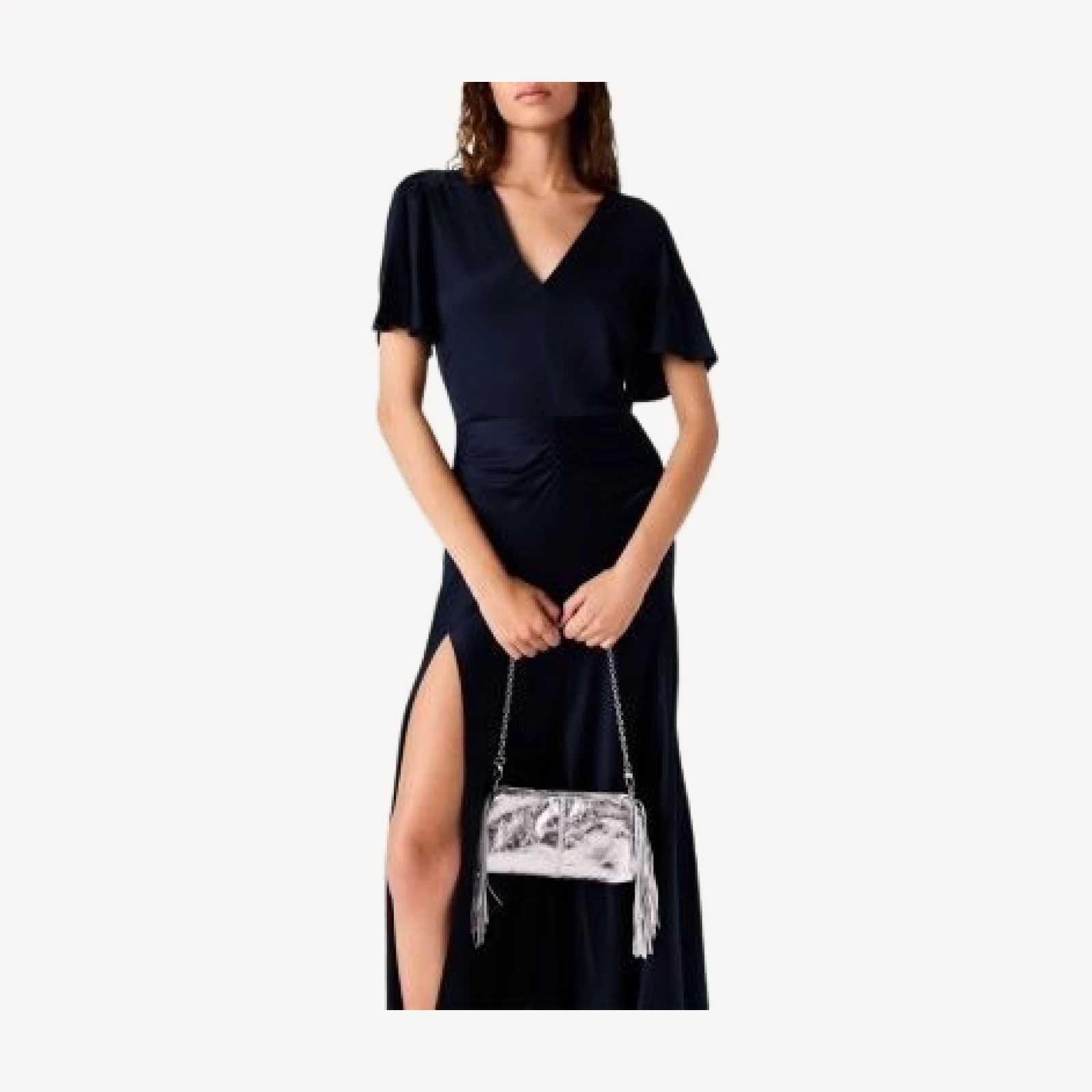 Maje Draped V Neck Satin Maxi Dress