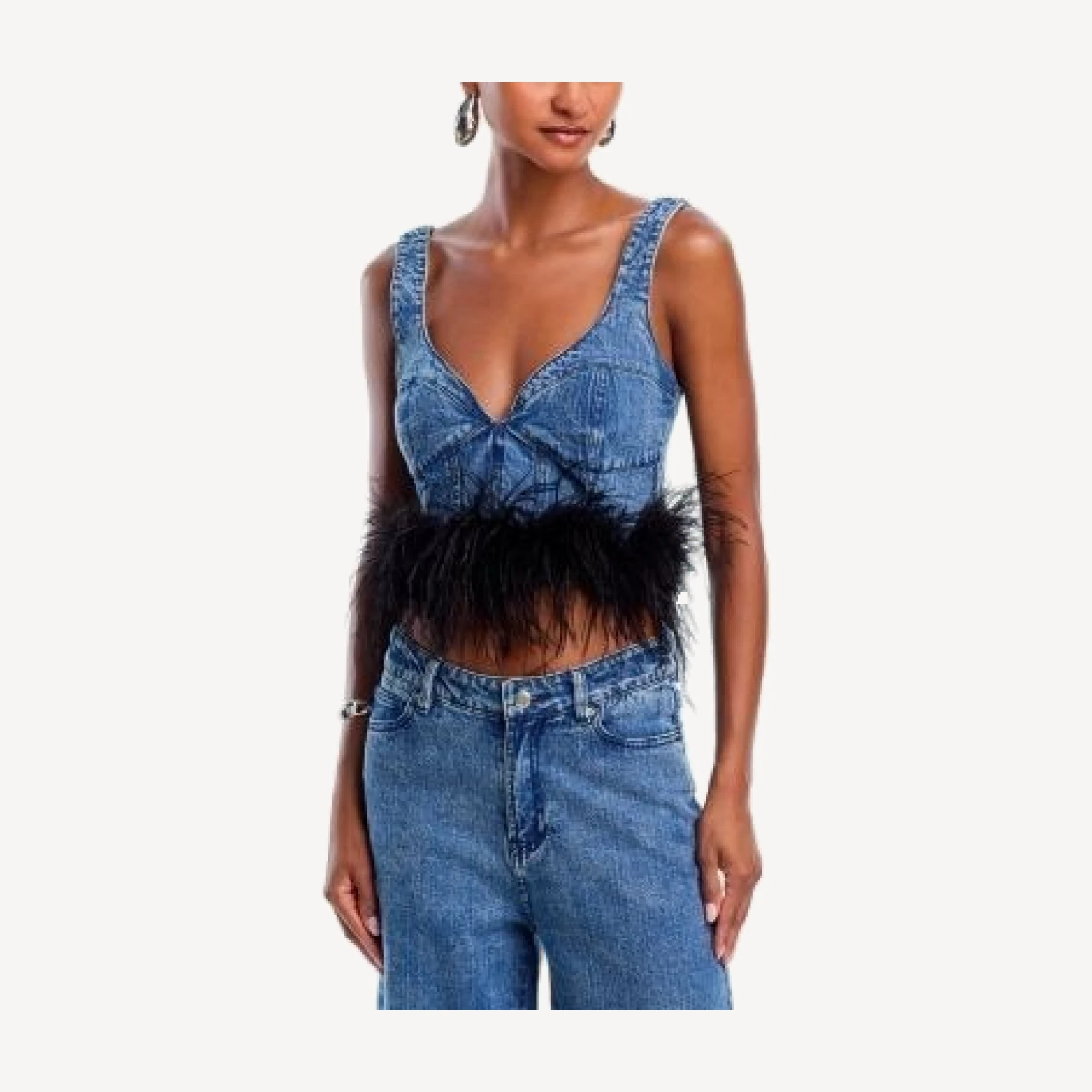 Aqua Feather Trim Denim Crop Top - Exclusive