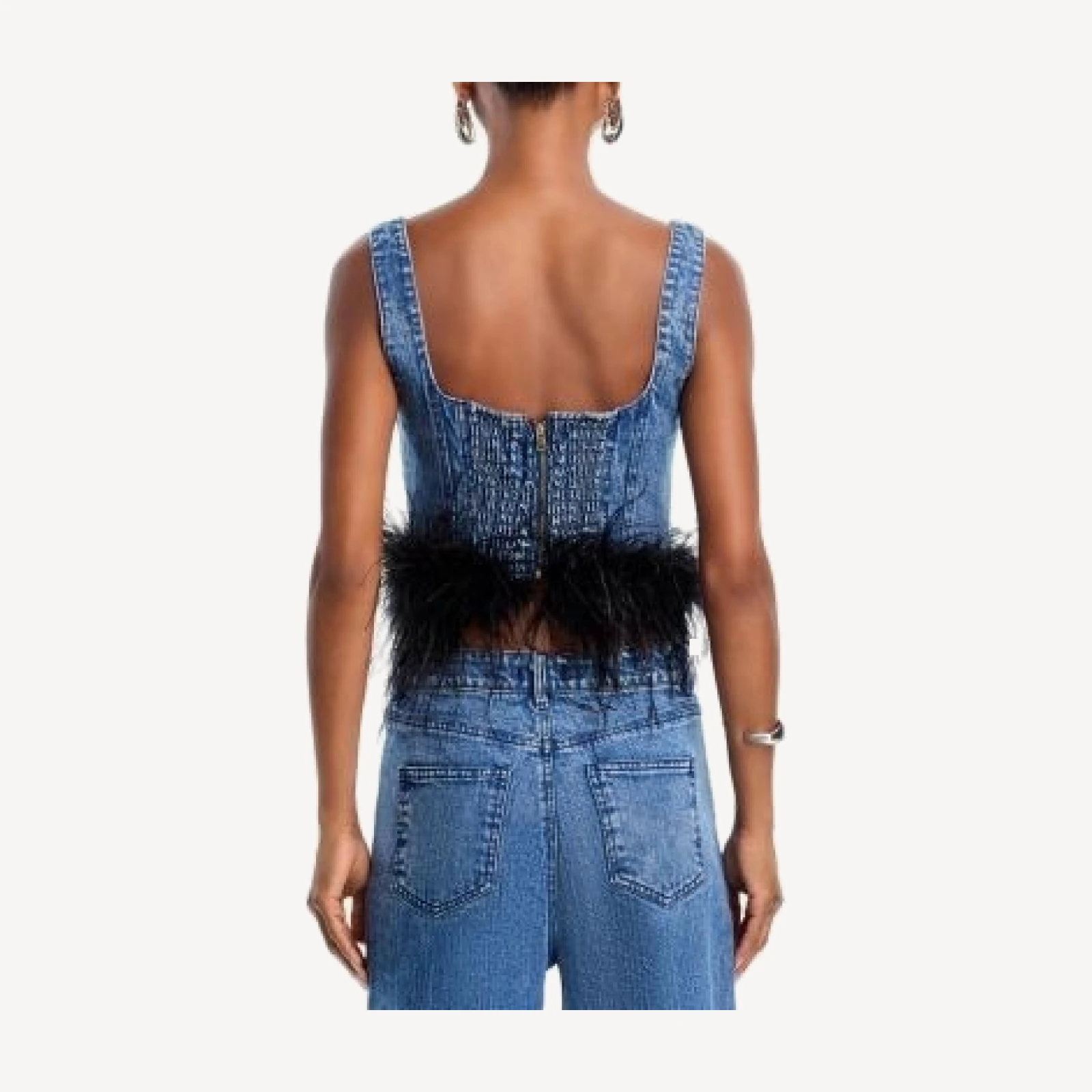 Aqua Feather Trim Denim Crop Top - Exclusive