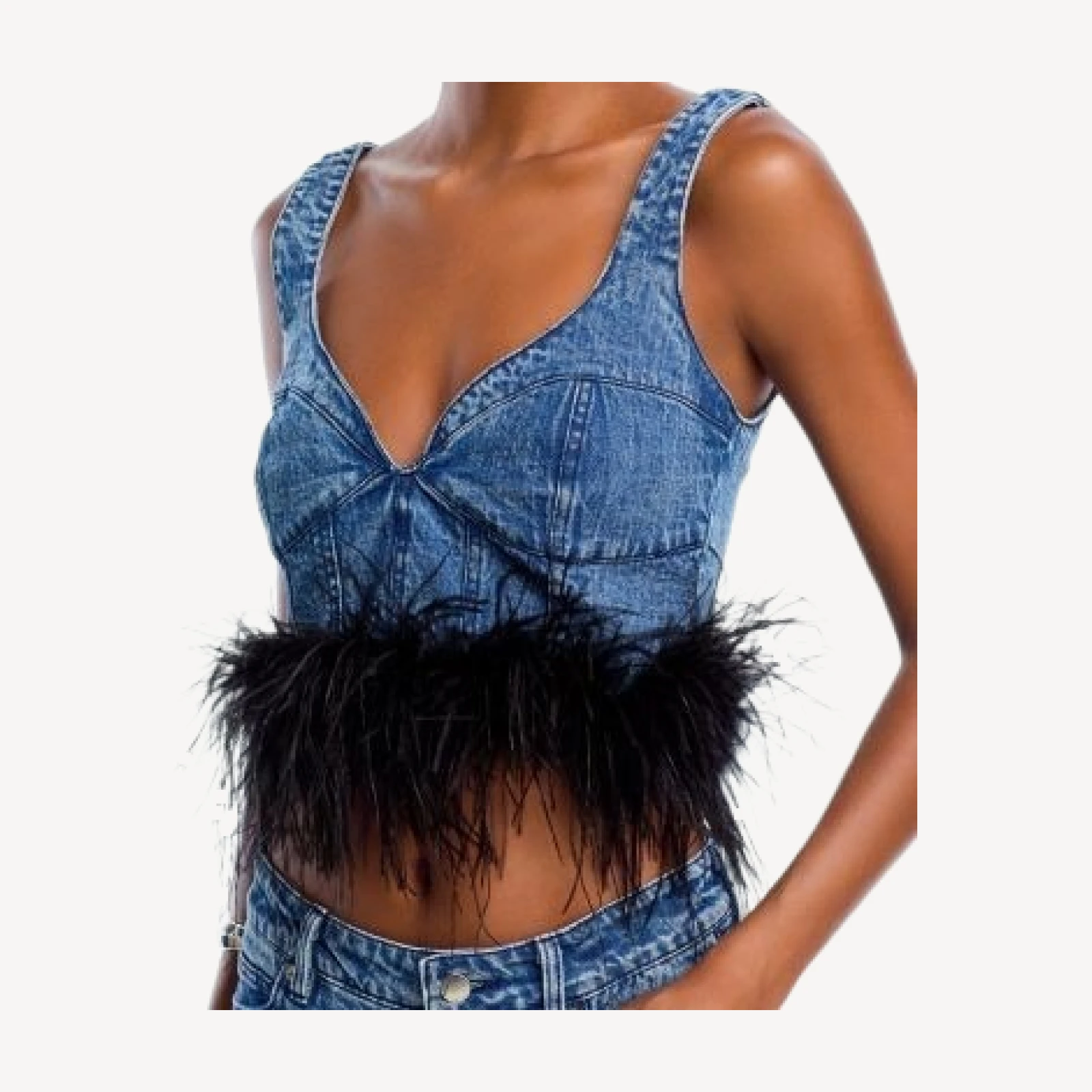 Aqua Feather Trim Denim Crop Top - Exclusive