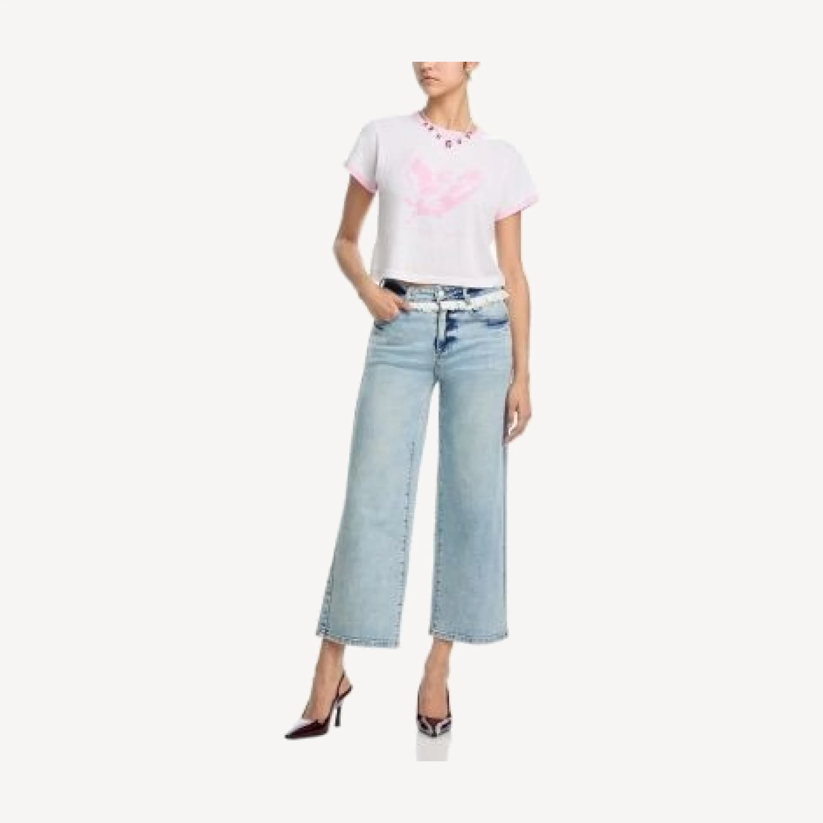 Aqua x Wuthering Heights Eyelet Ruffle High Rise Ankle Jeans in Light Wash - Exclusive
