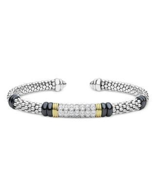 Lagos Sterling Silver & 18K Yellow Gold Black Caviar Ceramic & Diamond Cuff Bracelet
