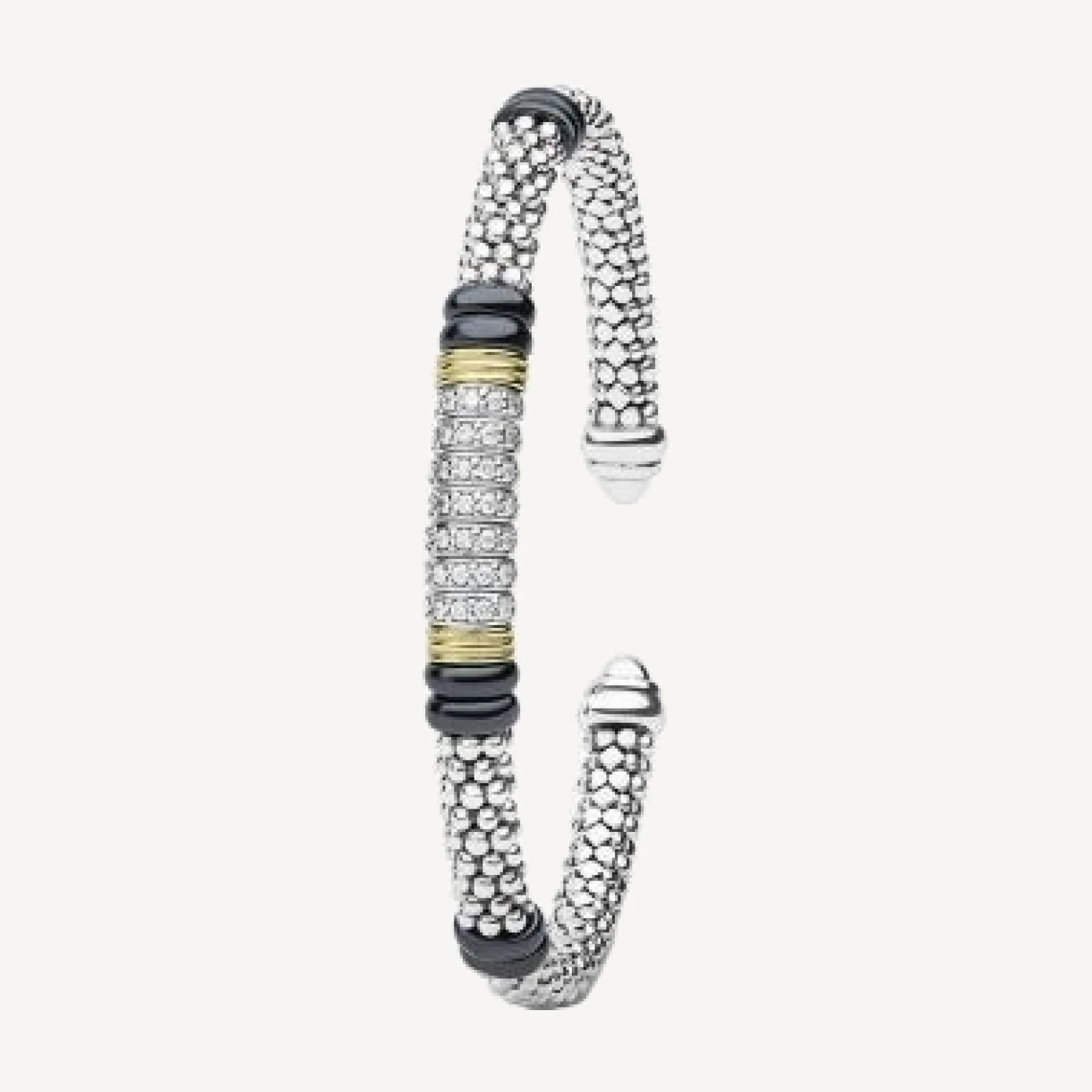 Lagos Sterling Silver & 18K Yellow Gold Black Caviar Ceramic & Diamond Cuff Bracelet