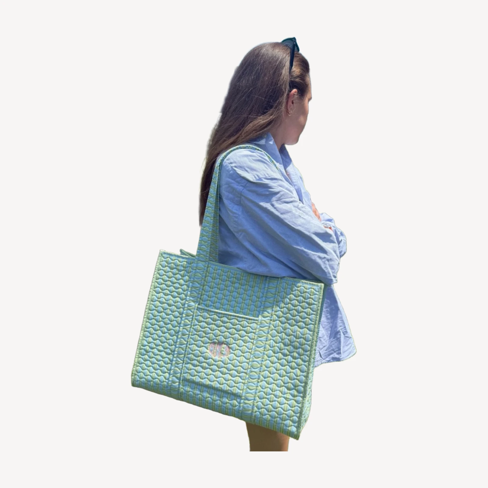 The Quilted Tote Bag - Blue/Green Stripe
