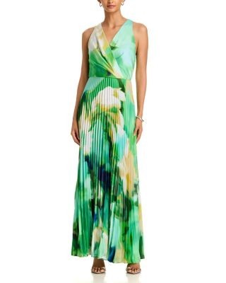 Aqua Printed Surplice Neck Pleated Gown - Exclusive