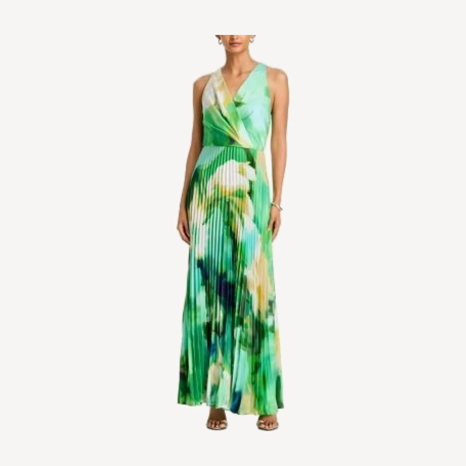 Aqua Printed Surplice Neck Pleated Gown - Exclusive