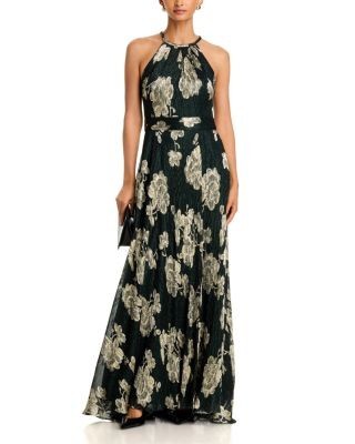 Aqua Metallic Halter Neck A Line Gown - Exclusive