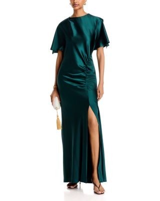 Aqua Stretch Satin Ruched Gown - Exclusive