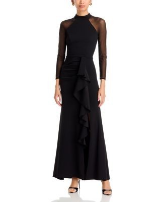 Aqua Mock Neck Mesh Sleeve Gown - Exclusive