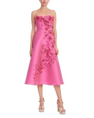 Badgley Mischka Strapless 3D Floral Gazar Midi Dress