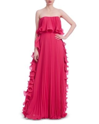 Badgley Mischka Strapless Octo Ruffled Pleated Gown