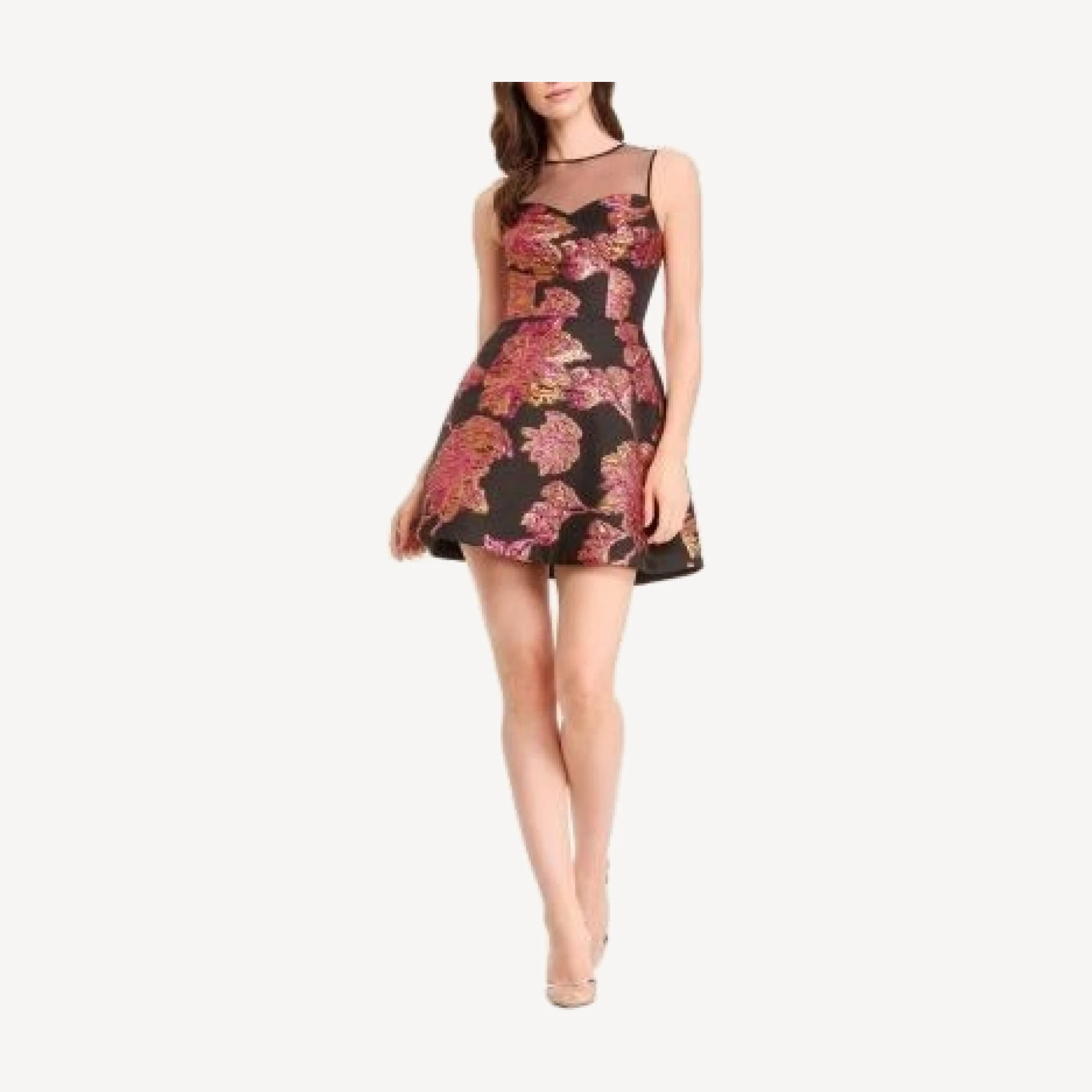 Dress the Population Kerra Illusion Neck Floral Jacquard Fit and Flare Mini Dress