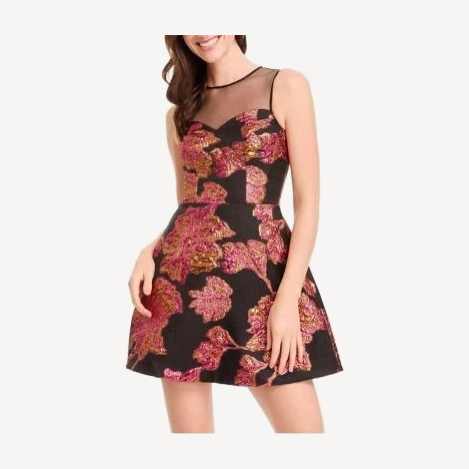 Dress the Population Kerra Illusion Neck Floral Jacquard Fit and Flare Mini Dress