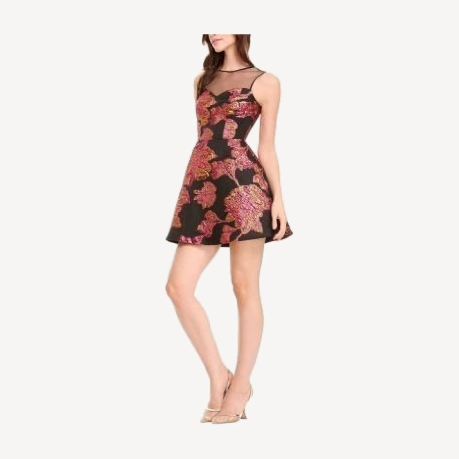Dress the Population Kerra Illusion Neck Floral Jacquard Fit and Flare Mini Dress