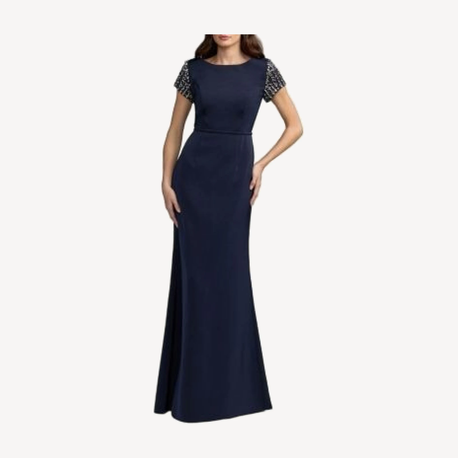 Mac Duggal Petite Beaded Cap Sleeve Satin Column Gown