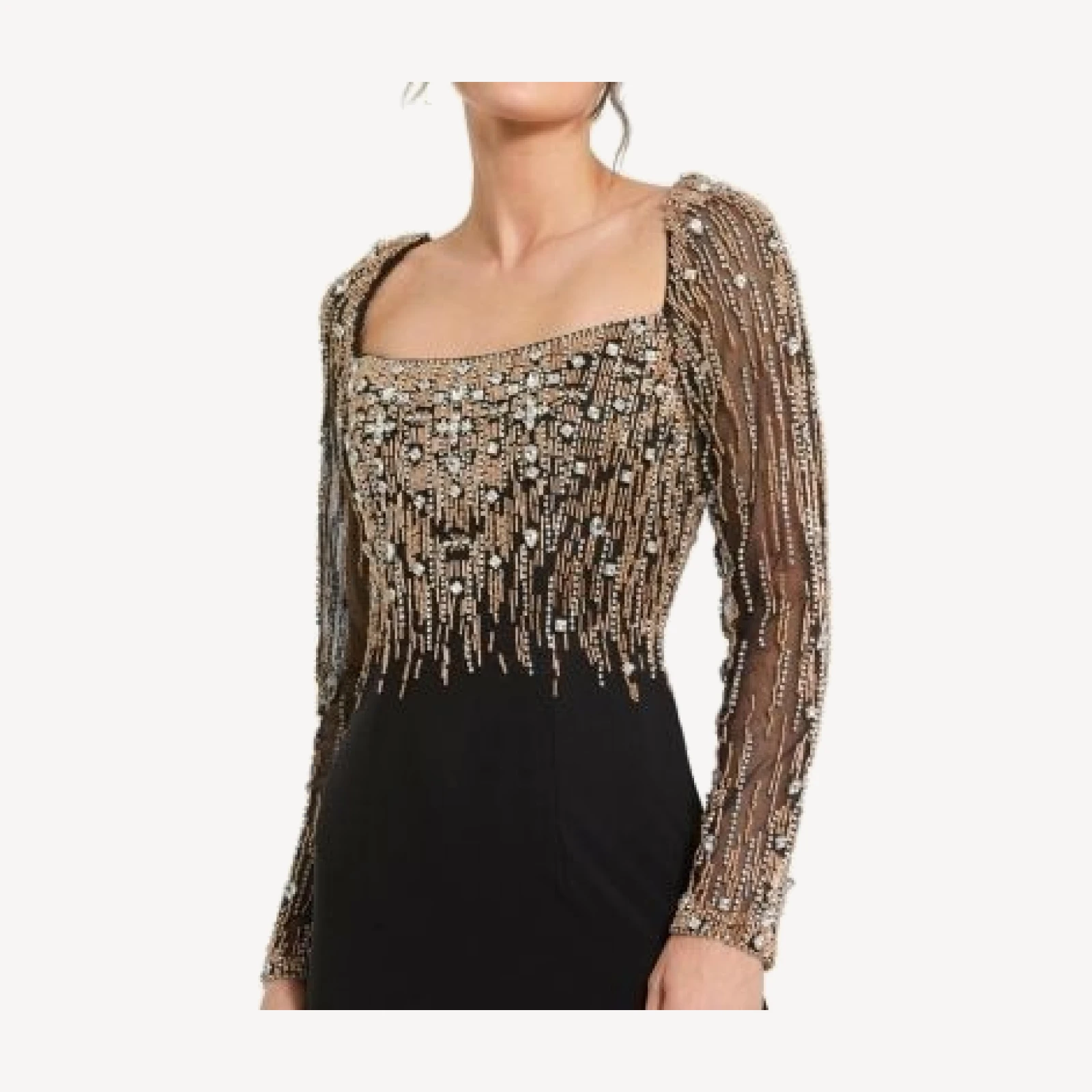 Mac Duggal Petite Beaded Square Neck Long Sleeve Jersey Gown