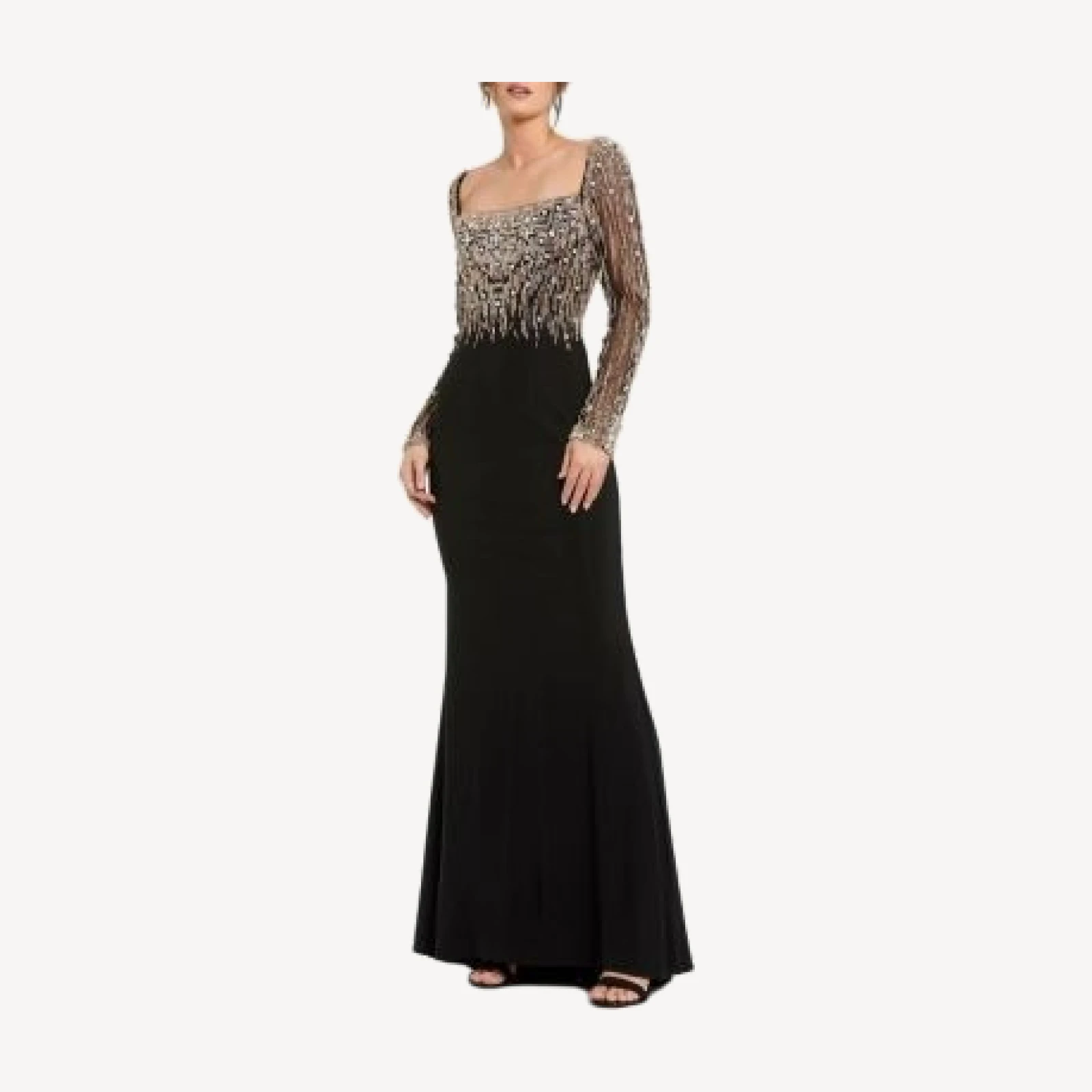 Mac Duggal Petite Beaded Square Neck Long Sleeve Jersey Gown