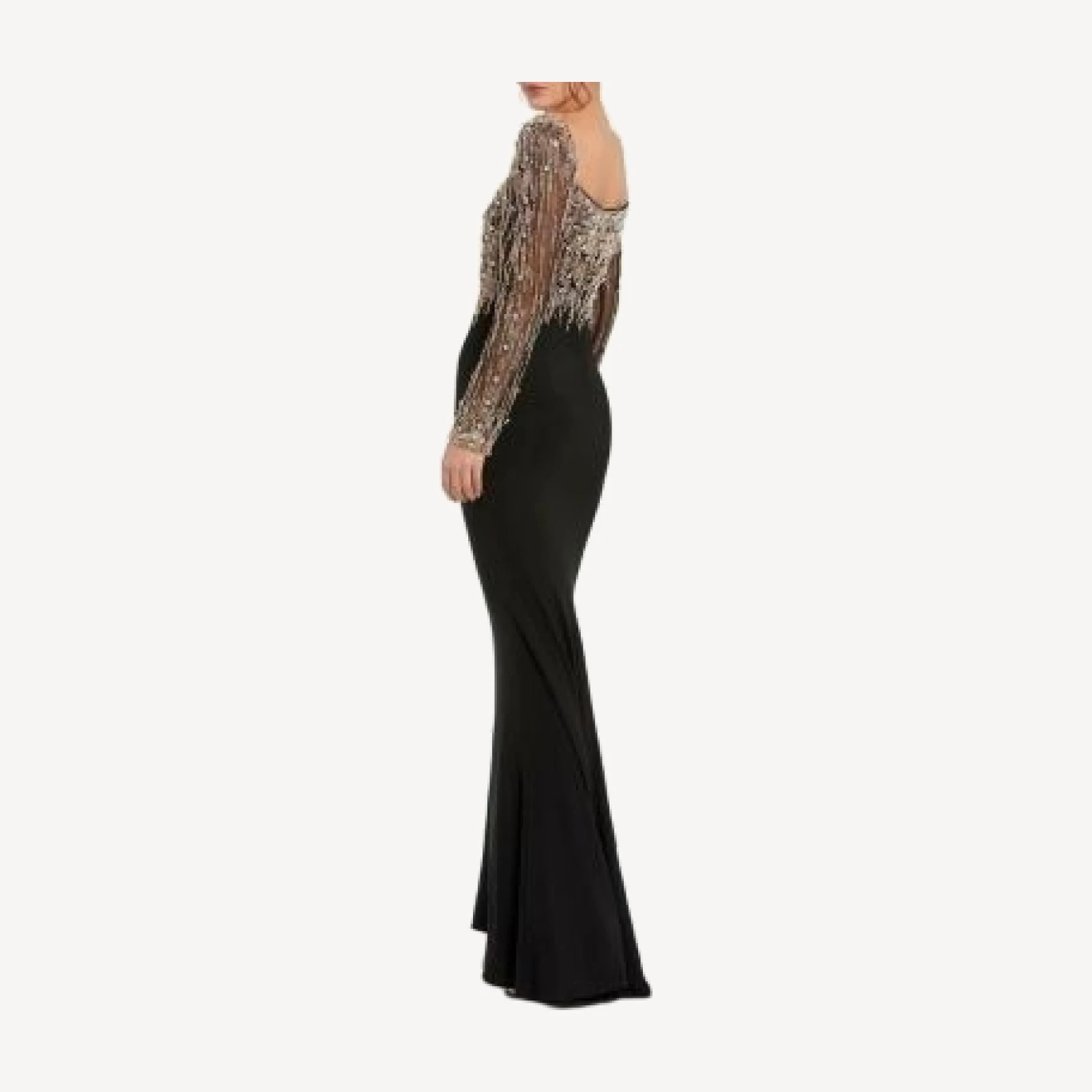 Mac Duggal Petite Beaded Square Neck Long Sleeve Jersey Gown