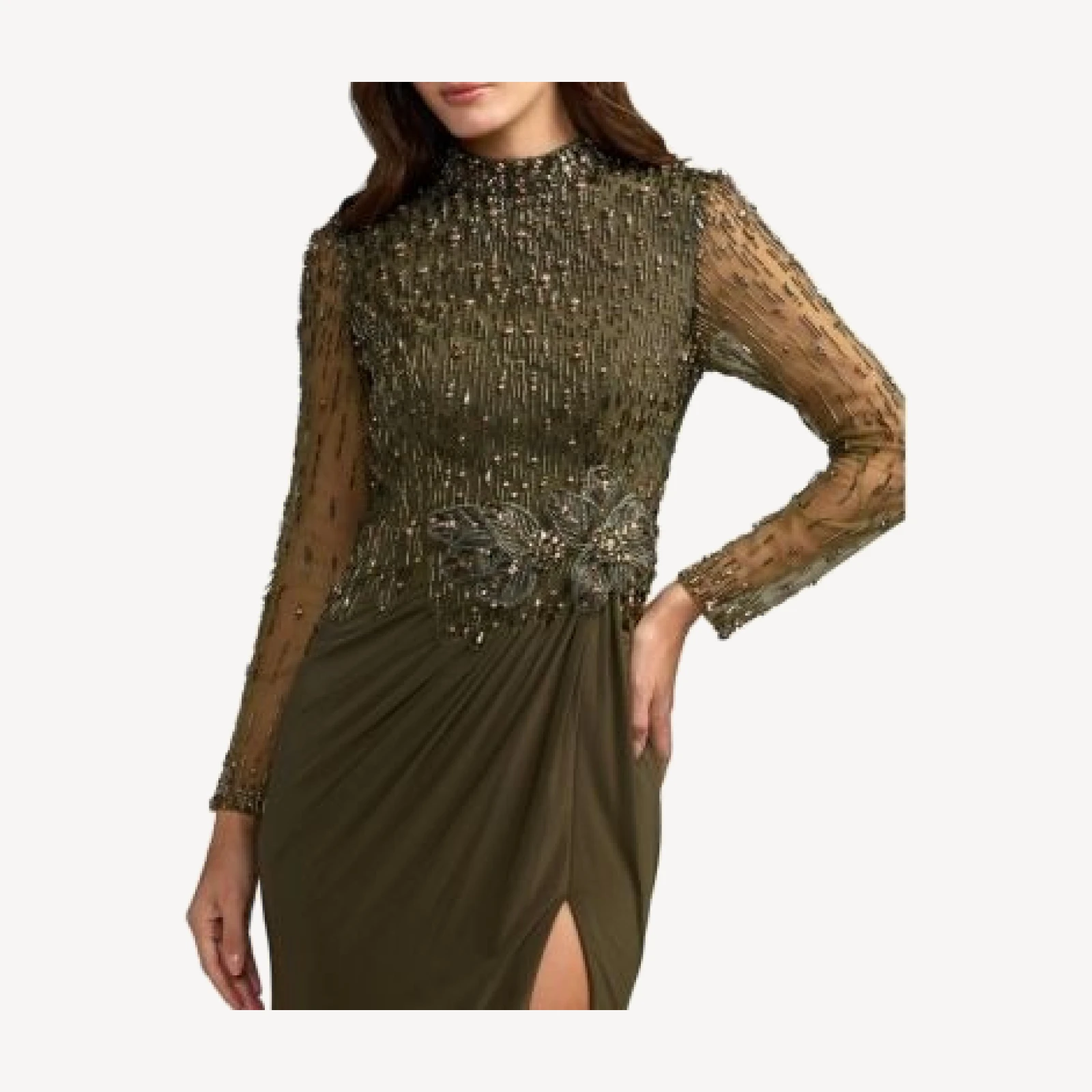 Mac Duggal Beaded Jersey Long Sleeve Column Gown