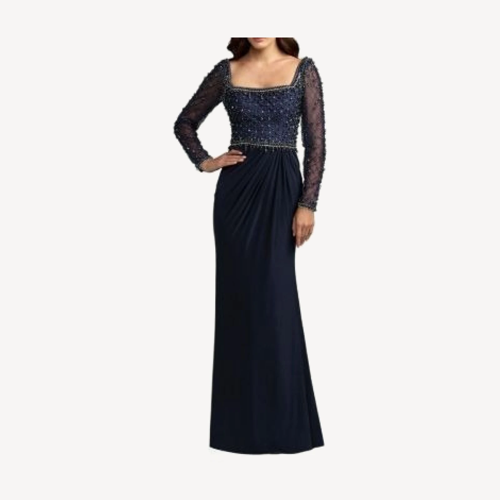Mac Duggal Beaded Jersey Square Neck Long Sleeve Gown