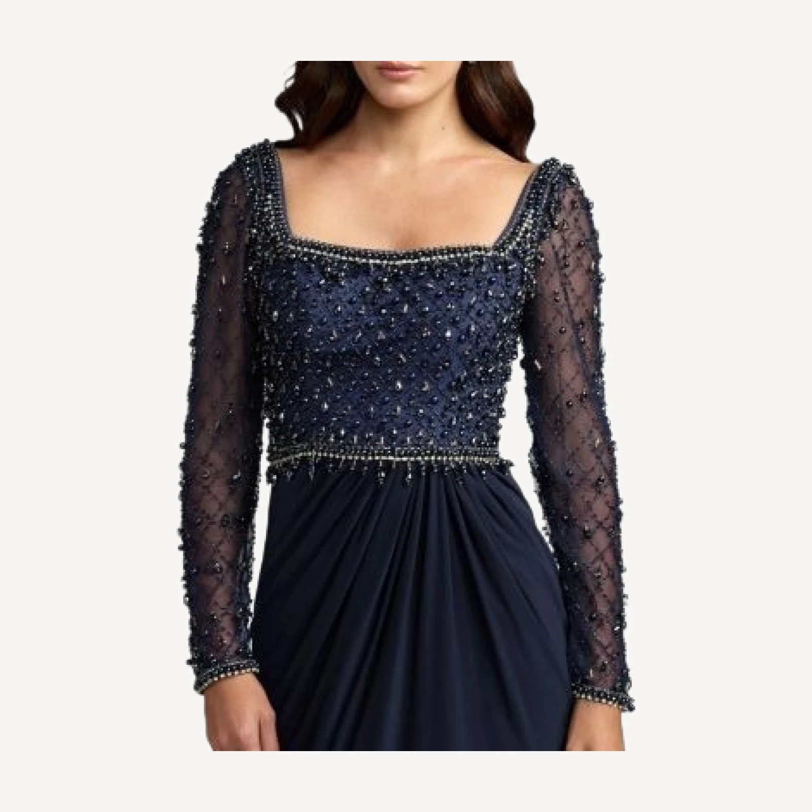 Mac Duggal Beaded Jersey Square Neck Long Sleeve Gown