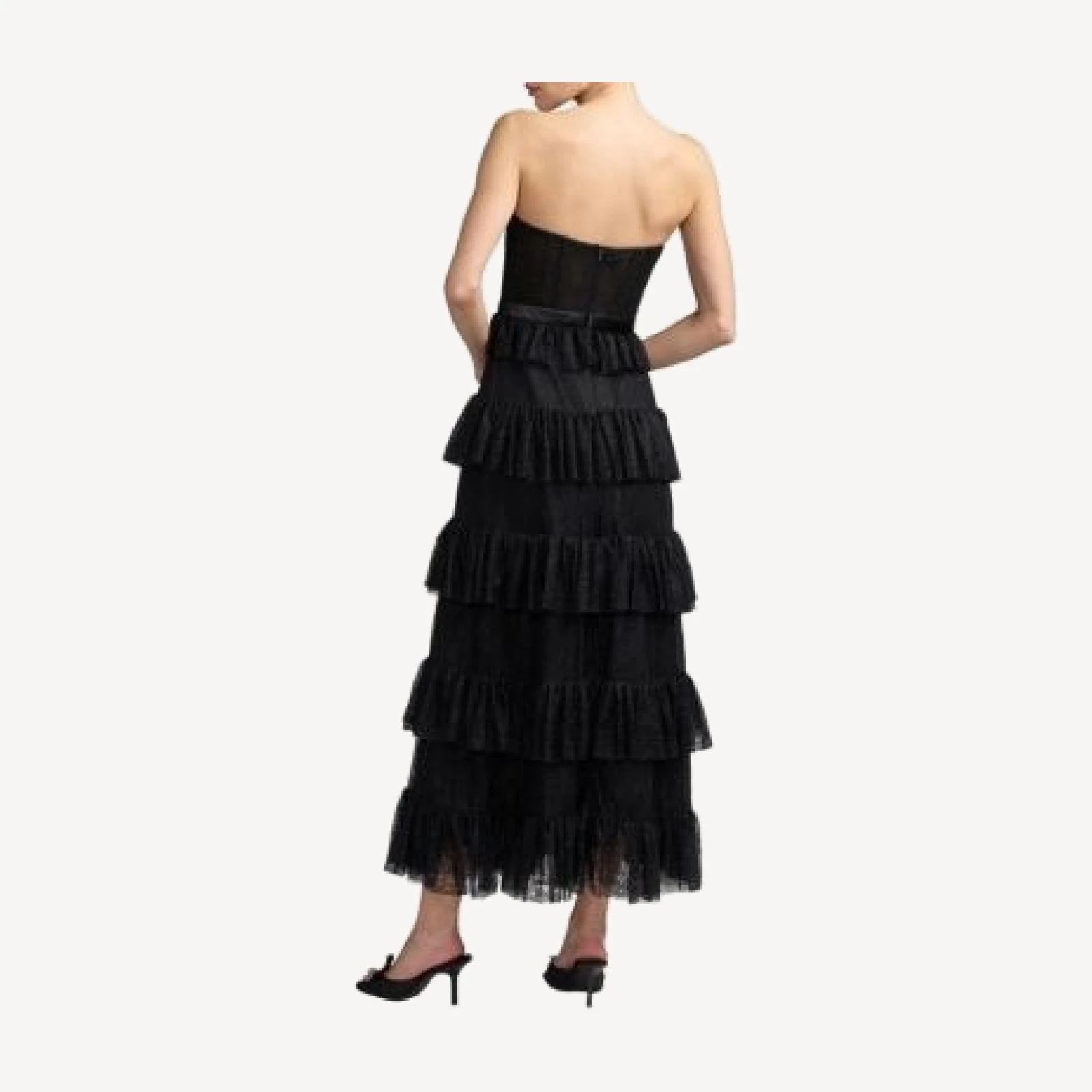 Mac Duggal Strapless Bustier Lace Ruffle Midi Dress
