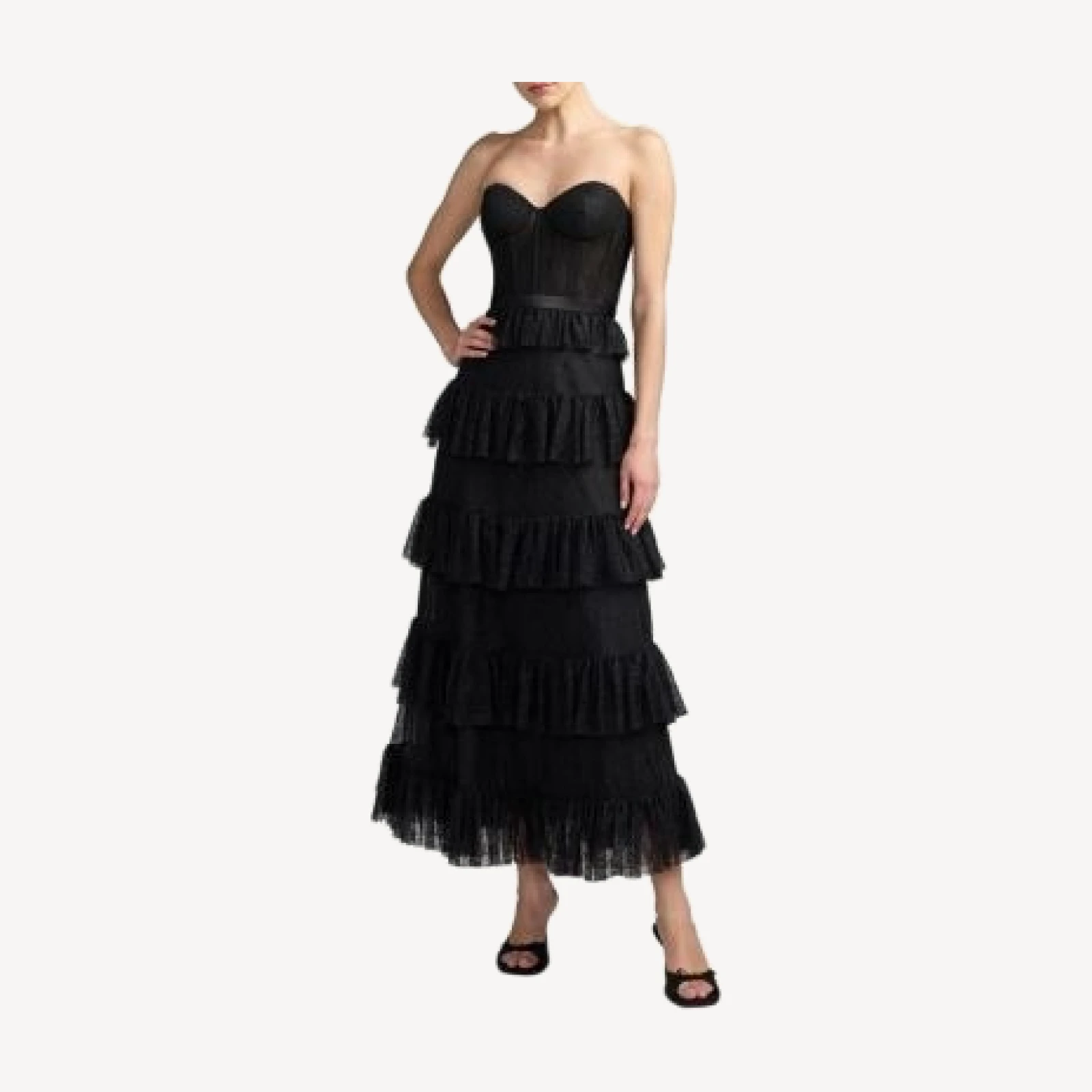 Mac Duggal Strapless Bustier Lace Ruffle Midi Dress