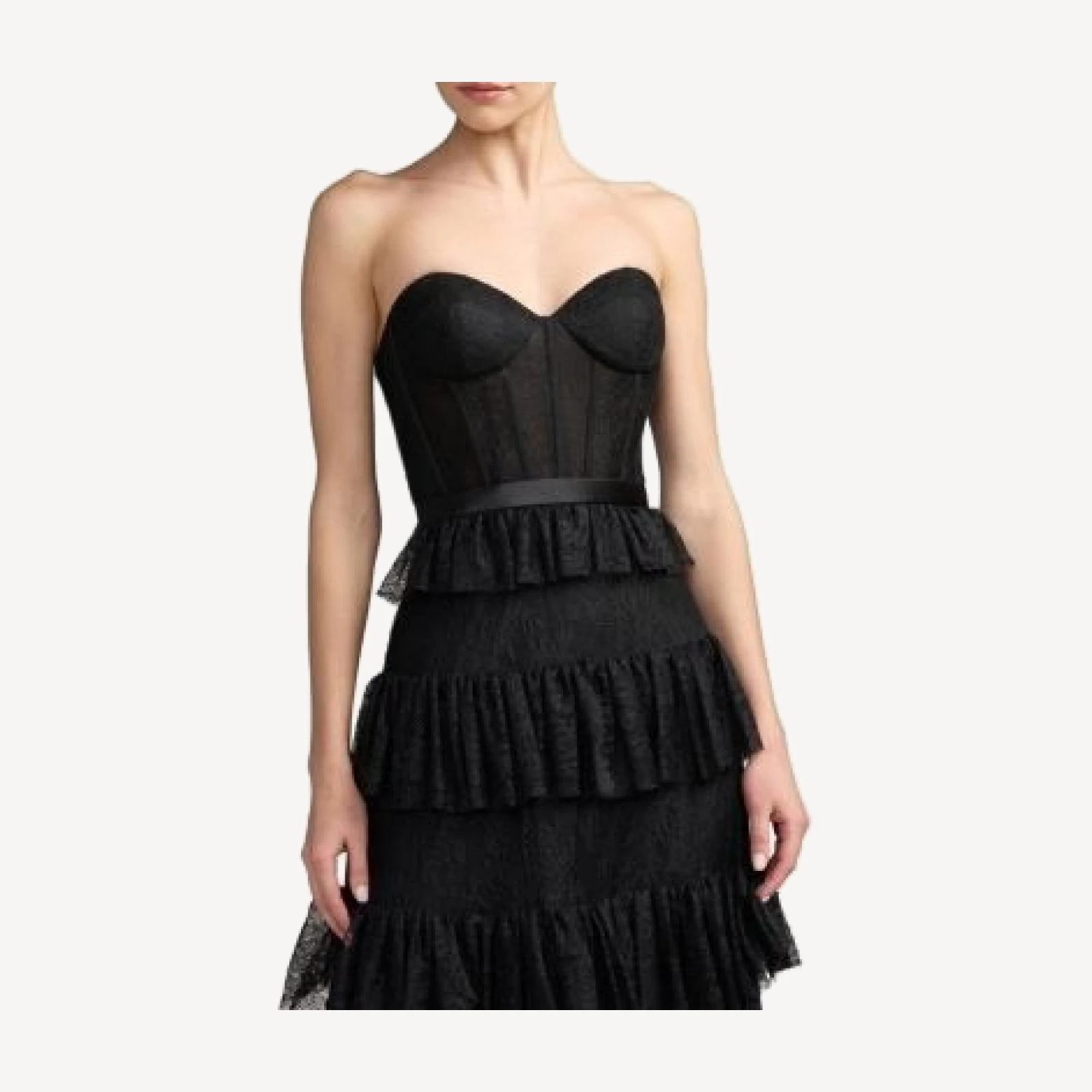 Mac Duggal Strapless Bustier Lace Ruffle Midi Dress