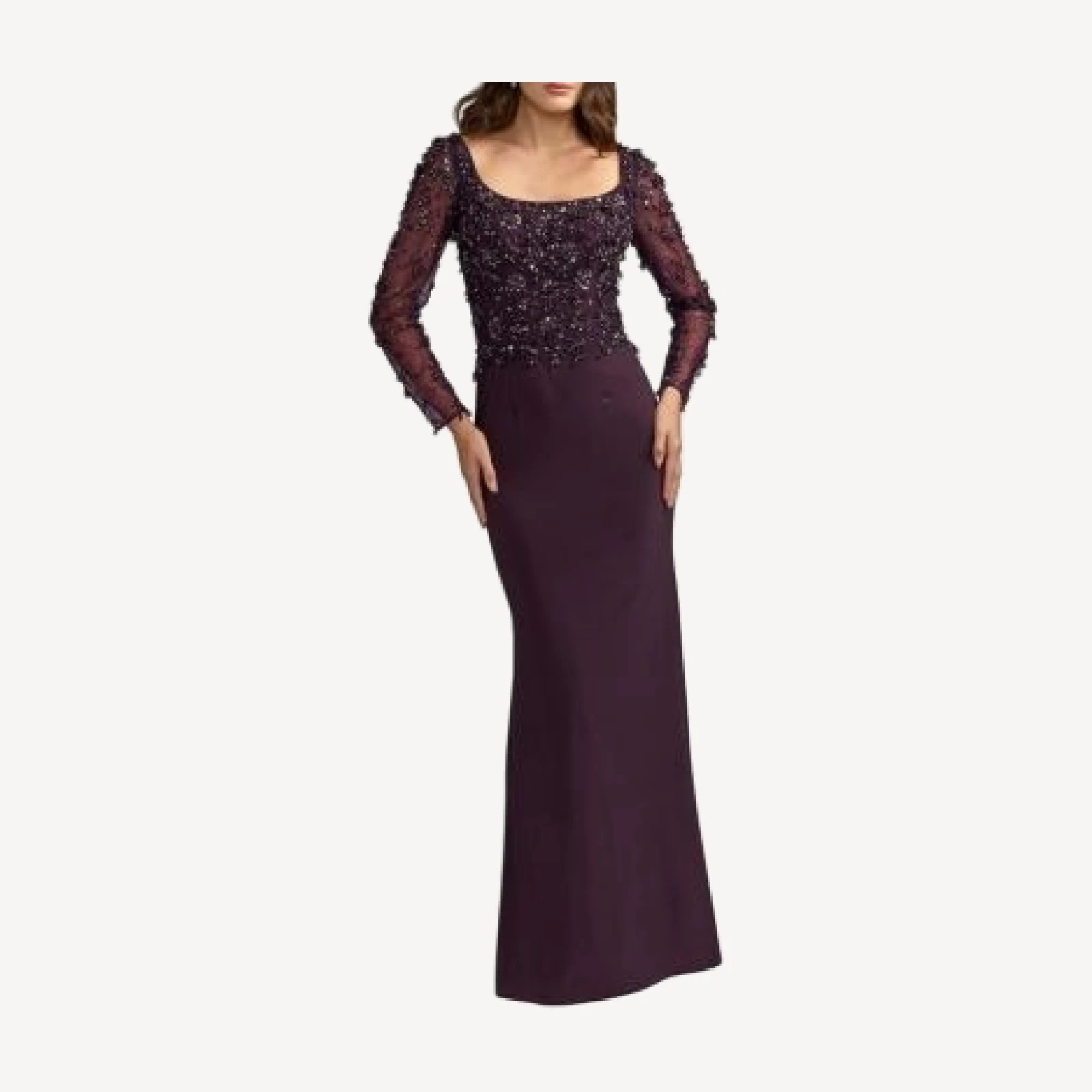 Mac Duggal Embellished Mesh Long Sleeve Column Gown
