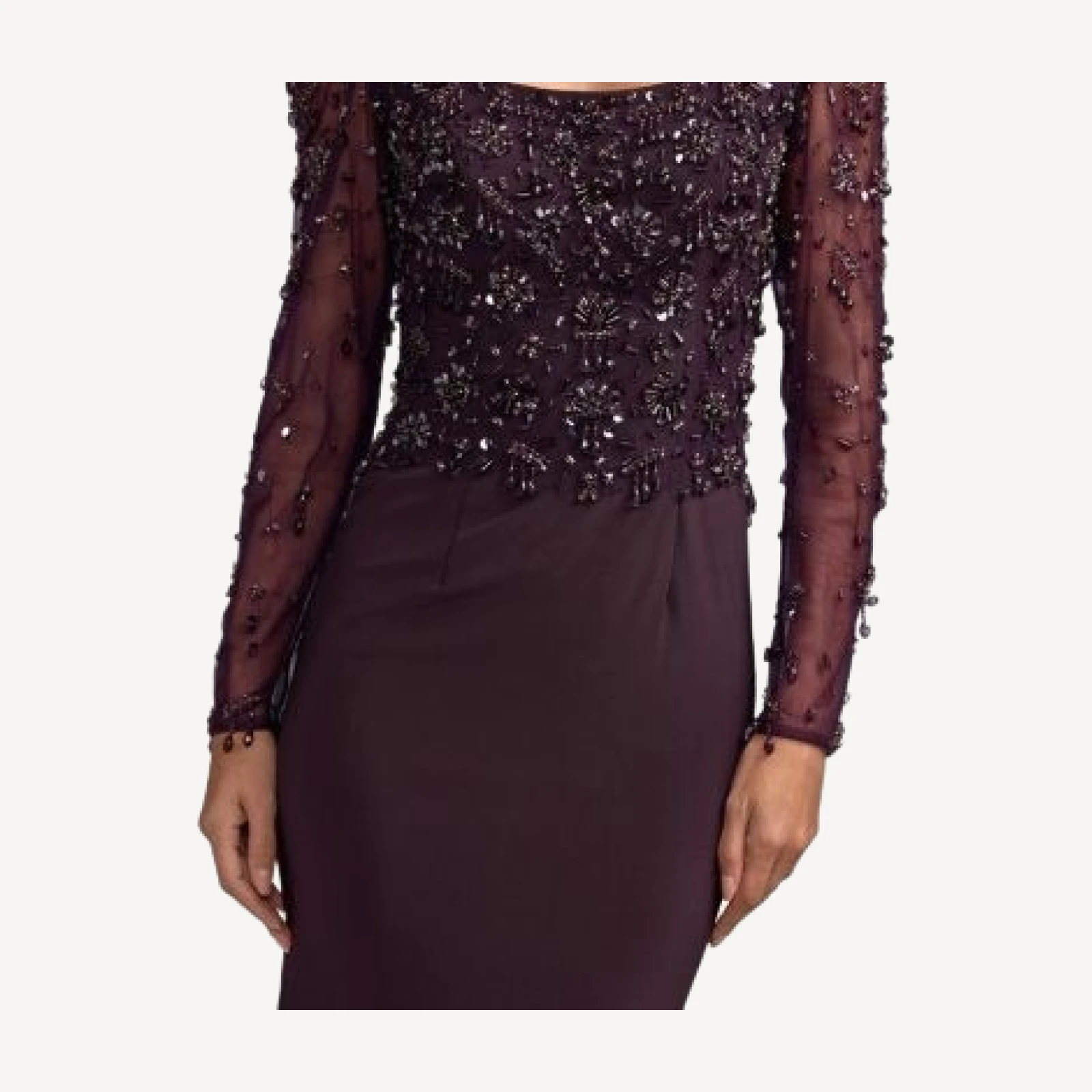 Mac Duggal Embellished Mesh Long Sleeve Column Gown