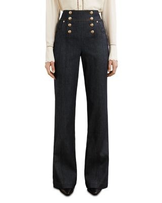Reiss Petites Skylar Button Detail Flared Jeans in Dark Blue