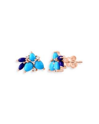Bloomingdale's Fine Collection Lapis, Turquoise & Diamond Cluster Stud Earrings in 14K Yellow Gold