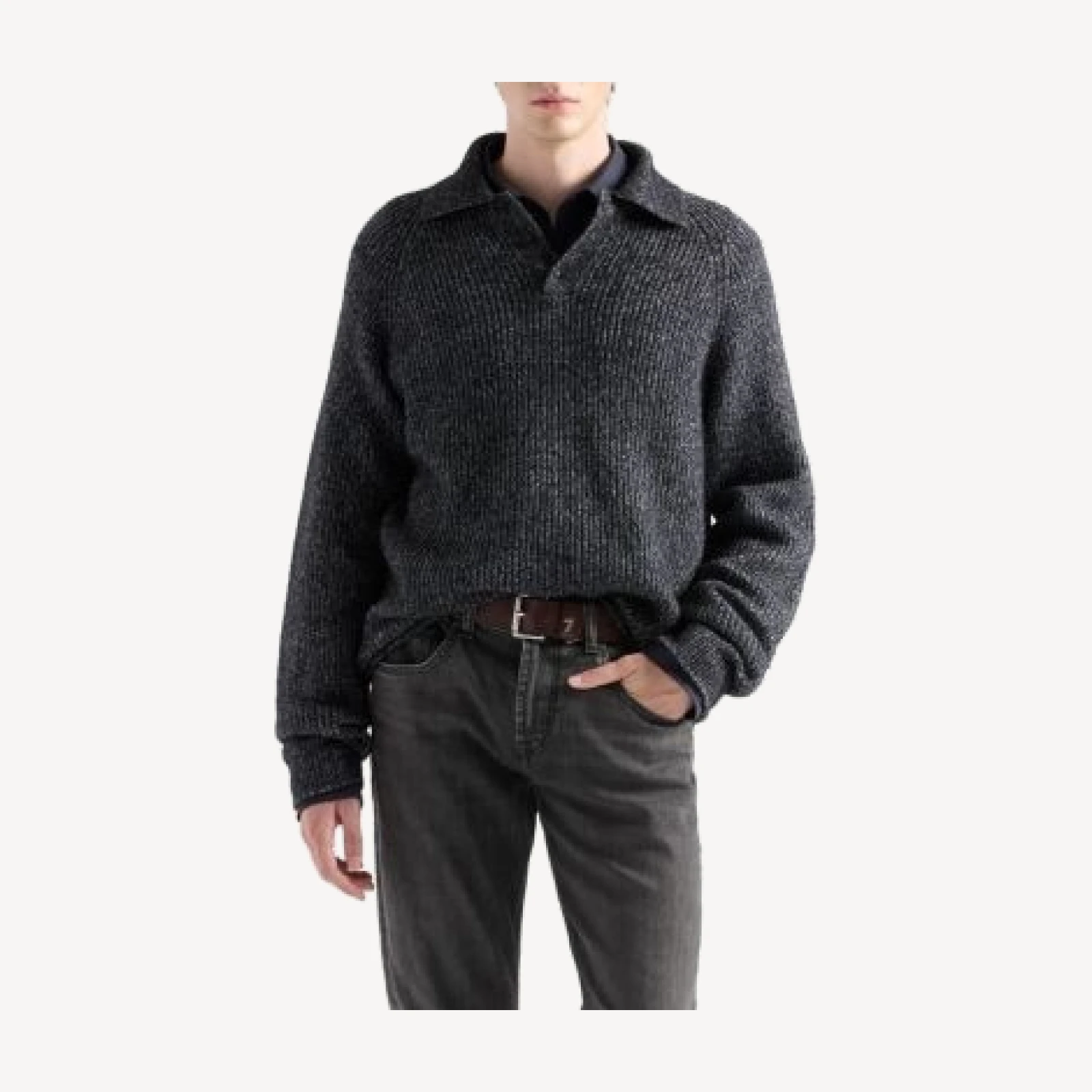 7 For All Mankind Ribbed Wool Blend Relaxed Polo Sweater