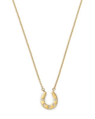 Bloomingdale's Fine Collection Diamond Studded Horseshoe Pendant Necklace in 14K Yellow Gold, 0.05 tcw