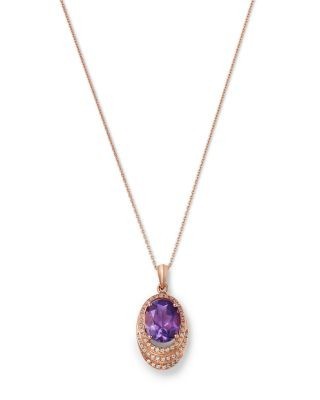Bloomingdale's Fine Collection Amethyst & Diamond Oval Pendant Necklace in 14K Rose Gold, 0.15 tcw