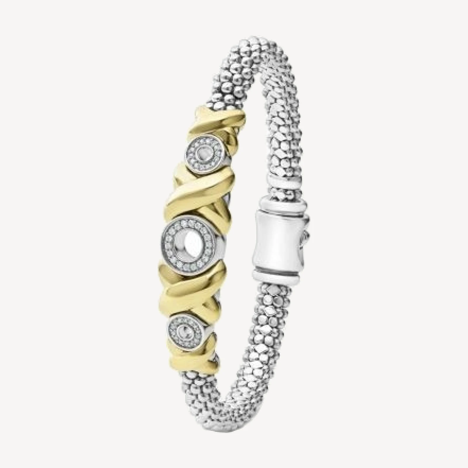 Lagos 18K Yellow Gold & Sterling Silver Embrace Diamond Xo Caviar Bead Bracelet