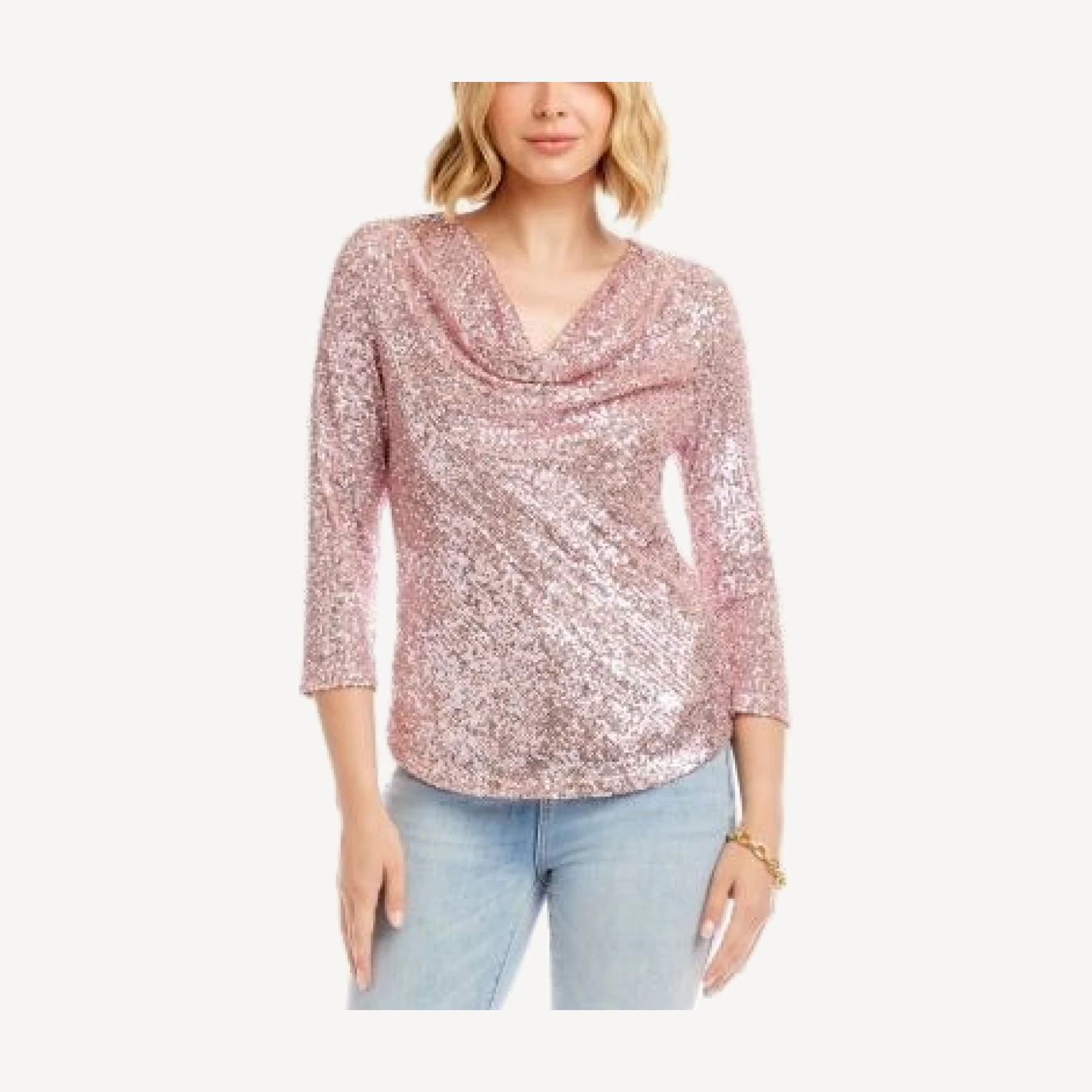 Karen Kane Three Quarter Sleeve Drape Front Sequin Top