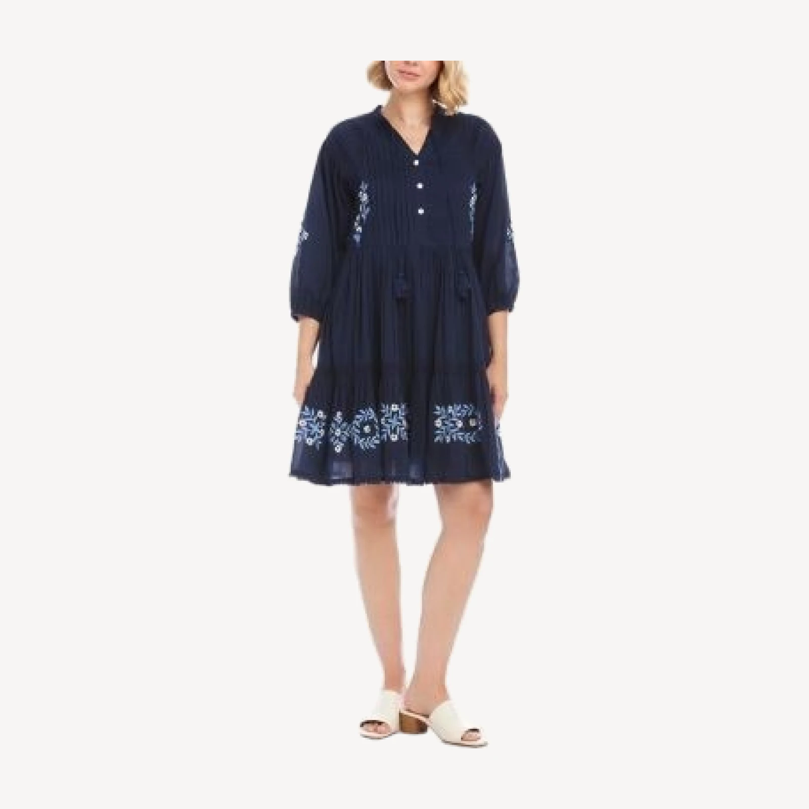 Karen Kane Blouson Sleeve Embroidered Lace Trim Tiered Dress