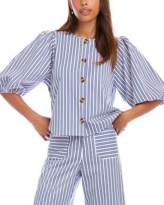 Karen Kane Stripe Puff Sleeve Button Front Top
