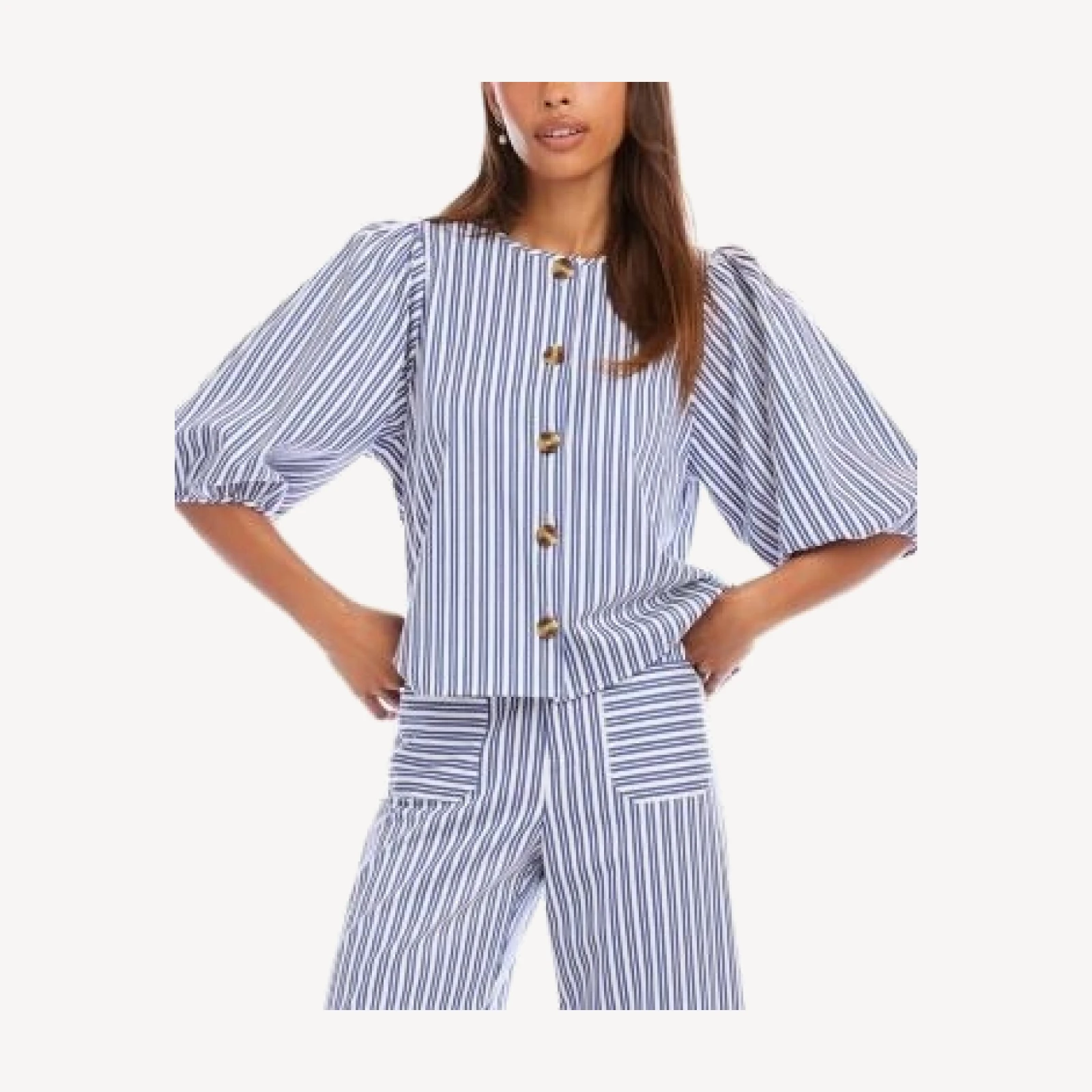 Karen Kane Stripe Puff Sleeve Button Front Top