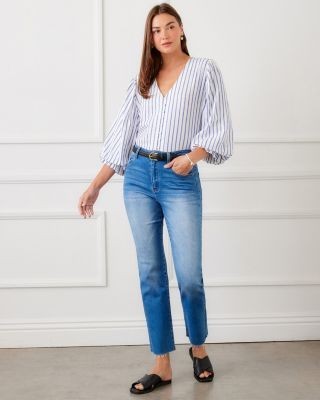 Karen Kane Stripe Layered Sleeve Shirred Blouse