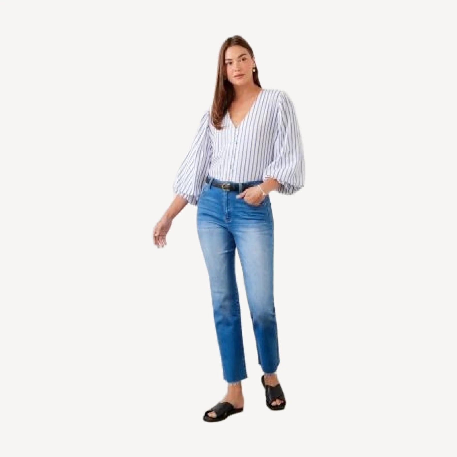 Karen Kane Stripe Layered Sleeve Shirred Blouse